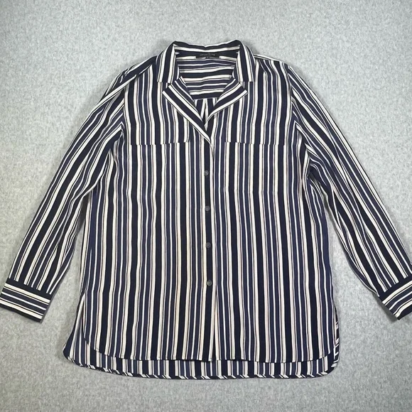 Lafayette 148 NY 100% Silk Blouse Navy Beige White Striped Long Sleeves W SZ M - Picture 3 of 8